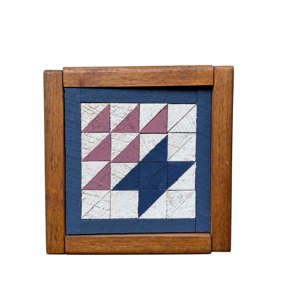 JG White Wooden Quilt Originals Flower Basket Walnut Frame Wall Art Signed 1992
